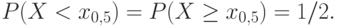 P(X<x_{0,5})=P(X\ge x_{0,5})=1/2.