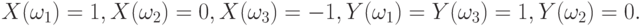 X(\omega_1)=1,X(\omega_2)=0,X(\omega_3)=-1,Y(\omega_1)=Y(\omega_3)=1,Y(\omega_2)=0.