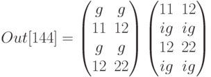 Out[144]=\begin{pmatrix}
g&g\\
11&12\\
g&g\\
12&22
\end{pmatrix}\begin{pmatrix}
11&12\\
ig&ig\\
12&22\\
ig&ig
\end{pmatrix}
