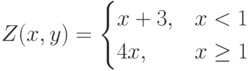 Z(x,y)=\begin{cases}x+3,&x<1\\4x,&x\ge 1\end{cases}