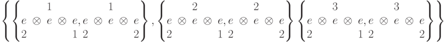 \left\{ \left\{\begin{matrix}&&1&&\\e&\otimes &e& \otimes &e\\ 2&&&&1 \end{matrix}, \begin{matrix} &&1&&\\ e&\otimes&e&\otimes&e\\ 2&&&&2 \end{matrix} \right\}, \left\{\begin{matrix}&&2&&\\e&\otimes &e& \otimes &e\\ 2&&&&1 \end{matrix}, \begin{matrix} &&2&&\\ e&\otimes&e&\otimes&e\\ 2&&&&2 \end{matrix} \right\}\left\{\begin{matrix}&&3&&\\e&\otimes &e& \otimes&e\\2&&&&1\end{matrix},\begin{matrix}&&3&&\\e&\otimes&e&\otimes&e\\2&&&&2 \end{matrix} \right\}\right\}\\