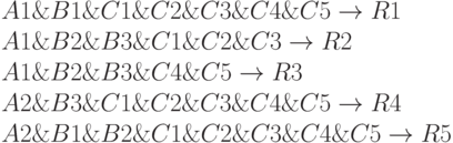 \begin{array}{l}
A1\& B1\& C1\& C2\& C3\& C4\& C5 \to R1\\
A1\& B2\& B3\& C1\& C2\& C3 \to  R2\\
A1\& B2\& B3\& C4\& C5 \to  R3\\
A2\& B3\& C1\& C2\& C3\& C4\& C5 \to  R4\\
A2\& B1\& B2\& C1\& C2\& C3\& C4\& C5 \to  R5\end{array}