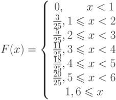 \[ F(x)=\left\{\begin{array}{ccccccc}{0, \ \ \ \ \ \ x<1}\\{\frac 3 {25},1\leqslant x<2}\\{\frac 5 {25},2\leqslant x<3}\\{\frac {11} {25},3\leqslant x<4}\\{\frac {18} {25},4\leqslant x<5}\\{\frac {20} {25},5\leqslant x<6}\\{1,6\leqslant x}\\ \end{array}\right} \]