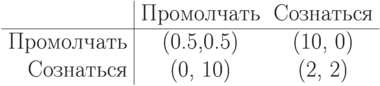 \begin{center}
\begin{tabular}{r|cc}
           & Промолчать  & Сознаться \\ \hline
Промолчать & (0.5,0.5) & (10, 0) \\
Сознаться & (0, 10)   & (2, 2)
\end{tabular}
\end{center}