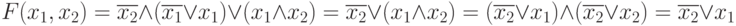 F(x_1, x_2) =  \overline{x_2}\wedge (\overline{x_1}\vee x_1)\vee (x_1\wedge x_2) = \overline{x_2}\vee (x_1\wedge x_2)=(\overline{x_2}\vee x_1)\wedge (\overline{x_2}\vee x_2)=\overline{x_2}\vee x_1