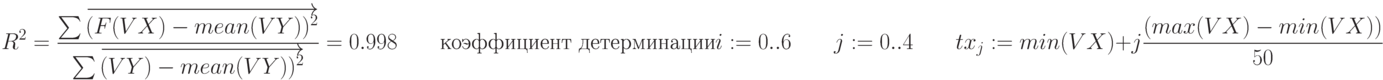 R^2=\frac {\sum \overrightarrow {(F(VX)-mean(VY))^2}} {\sum \overrightarrow {(VY)-mean(VY))^2}} = 0.998 \qquad \text {коэффициент детерминации} \\
\\
i:=0..6 \qquad j:=0..4 \qquad tx_j:=min(VX)+j \frac {(max(VX)-min(VX))} {50}