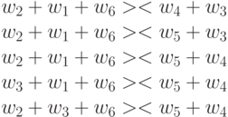 w_2+w_1+w_6 >< w_4+w_3\\
w_2+w_1+w_6 >< w_5+w_3\\
w_2+w_1+w_6 >< w_5+w_4\\
w_3+w_1+w_6 >< w_5+w_4\\
w_2+w_3+w_6 >< w_5+w_4
