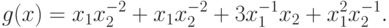 g(x) = x_{1}x_{2}^{-2}+ x_{1}x_{2}^{-2} + 3 x_{1}^{-1}x_{2} + x_{1}^{2}x_{2}^{-1}.