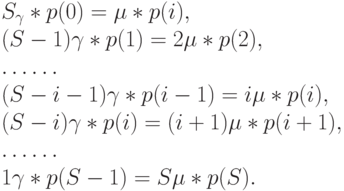 S_{\gamma}*p(0)=\mu * p(i),\\
(S-1) \gamma * p(1)=2\mu * p(2),\\
\dots \dots\\
(S-i-1) \gamma * p(i-1)=i \mu *p(i),\\
(S-i) \gamma *p(i)=(i+1) \mu *p(i+1),\\
\dots \dots\\
1\gamma * p(S-1)=S \mu * p(S).