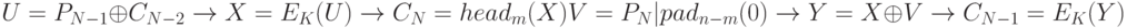 U = P_{N-1} \oplus  C_{N-2} \to  X = E_{K}(U)  \to  C_{N} = head_{m}(X)
\\
V = P_{N}|pad_{n-m}(0) \to  Y = X \oplus  V \to  C_{N-1} = E_{K}(Y)