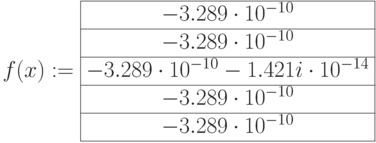 f(x):=\begin{array}{|c|ccccc|}\hline -3.289 \cdot 10^{-10} \\ \hline -3.289 \cdot 10^{-10} \\ \hline -3.289 \cdot 10^{-10}-1.421i \cdot 10^{-14} \\ \hline -3.289 \cdot 10^{-10} \\ \hline -3.289 \cdot 10^{-10} \\ \hline \end{array}