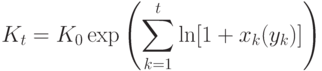 K_t=K_0 \exp\left(\sum_{k=1}^t\ln[1+x_k \deltasgn(y_k)]\right)