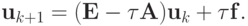 {\mathbf{u}}_{k + 1} =  ({\mathbf{E}} - \tau\mathbf{A}){\mathbf{u}}_k + \tau\mathbf{f}.