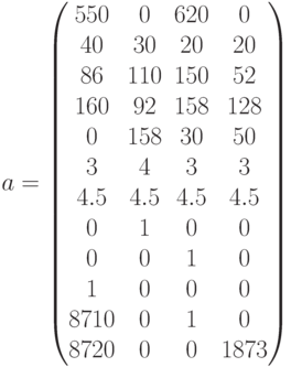 a=\begin{pmatrix}
				550&0&620&0\\
				40&30&20&20\\
				86&110&150&52\\
				160&92&158&128\\
				0&158&30&50\\
				3&4&3&3\\
				4.5&4.5&4.5&4.5\\
				0&1&0&0\\
				0&0&1&0\\
				1&0&0&0\\
				871 0&0&1&0\\
				872 0&0&0&1
				873 \end{pmatrix}