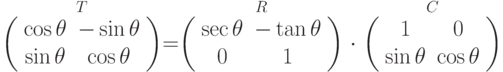 \stackrel{T}{\left( \begin{array}{cc} 
\cos \theta & -\sin \theta \\ 
\sin \theta & \cos \theta  
\end{array} \right)} = \stackrel{R}{ \left( \begin{array}{cc} 
\sec \theta & - \tan \theta \\ 
0 & 1  
\end{array} \right)} \cdot \stackrel{C}{ \left( \begin{array}{cc} 
1 & 0 \\ 
\sin \theta & \cos \theta  
\end{array} \right)}