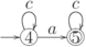 \objectwidth={5mm} \objectheight={5mm} \let\objectstyle=\scriptstyle
\xymatrix {
  *=[o][F-]{4}
 \ar @`{+/l16mm/} [] ^{}
 \rloop{0,1} ^{c}
 \ar  "1,2"  ^{a}
& *=[o][F=]{5}
 \rloop{0,1} ^{c}
}