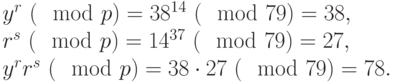 
\begin{equation*}
\begin{array}{l}
 y^{r} ~(\mod  p) =38^{14} ~(\mod  79)=38, \\
 r^{s} ~(\mod  p) =14^{37} ~(\mod  79)=27, \\ 
 y^{r}r^{s} ~(\mod  p)= 38\cdot 27 ~(\mod  79)=78. 
\end{array}
\end{equation*}
       