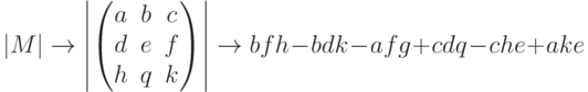 |M| \to \left| \begin{pmatrix}
a & b & c\\
d & e & f\\
h & q & k
\end{pmatrix} \right| \to bfh-bdk-afg+cdq-che+ake