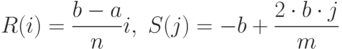 R(i)= \frac {b-a}{n}i,\ S(j)=-b+\frac  {2 \cdot b \cdot j}{m}