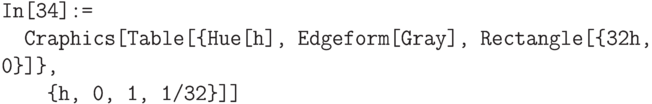 \tt
In[34]:=\\
\phantom{In}Craphics[Table[\{Hue[h], Edgeform[Gray], Rectangle[\{32h, 0\}]\},\\
\phantom{InGr}\{h, 0, 1, 1/32\}]]