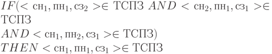 IF (<сн_{1}, пн_{1}, сз_{2}> \in  ТСПЗ \ AND <сн_{2}, пн_{1}, сз_{1}> \in  ТСПЗ
\\
                                      \ AND <сн_{1}, пн_{2}, сз_{1}> \in  ТСПЗ)
\\
THEN <сн_{1}, пн_{1}, сз_{1}> \in  ТСПЗ