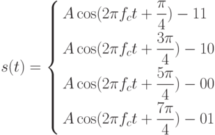 s(t) = \left\{ \begin{gathered}
  A\cos (2\pi f_c t + \frac{\pi }
{4}) - 11 \hfill \\
  A\cos (2\pi f_c t + \frac{{3\pi }}
{4}) - 10 \hfill \\
  A\cos (2\pi f_c t + \frac{{5\pi }}
{4}) - 00 \hfill \\
  A\cos (2\pi f_c t + \frac{{7\pi }}
{4}) - 01 \hfill \\ 
\end{gathered}  \right.