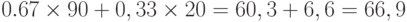 0.67 \times 90  + 0,33 \times 20  = 60,3  + 6,6  = 66,9