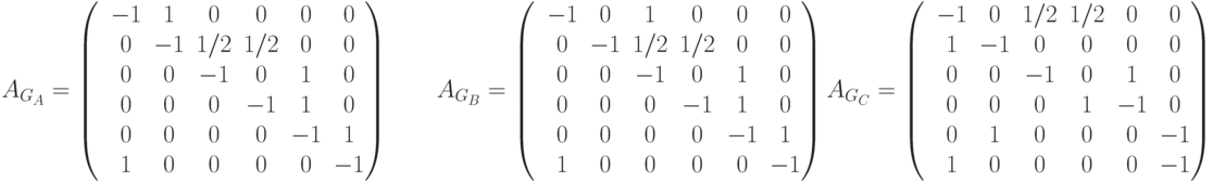 A_{G_A}= \begin{pmatrix}
 &-1 &1 &0& 0& 0& 0\\
&0 &-1 &1/2 &1/2 &0 &0\\
&0 &0 &-1 &0 &1 &0 \\
&0 &0 &0 &-1 &1 &0\\
&0 &0 &0 &0 &-1 &1\\
&1 &0 &0 &0 &0 &-1
\end{pmatrix}
\qquad
A_{G_B}= \begin{pmatrix}
 &-1 &0 &1& 0& 0& 0\\
&0 &-1 &1/2 &1/2 &0 &0\\
&0 &0 &-1 &0 &1 &0 \\
&0 &0 &0 &-1 &1 &0\\
&0 &0 &0 &0 &-1 &1\\
&1 &0 &0 &0 &0 &-1
\end{pmatrix}
\\
A_{G_C}= \begin{pmatrix}
 &-1 &0 &1/2& 1/2& 0& 0\\
&1 &-1 &0 &0 &0 &0\\
&0 &0 &-1 &0 &1 &0 \\
&0 &0 &0 &1 &-1 &0\\
&0 &1 &0 &0 &0 &-1\\
&1 &0 &0 &0 &0 &-1
\end{pmatrix}