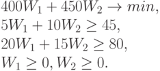 400 W_1 + 450 W_2 \to min ,\\
 		5 W_1 + 10 W_2 \ge 45,\\
 		20 W_1 + 15 W_2 \ge 80,\\ 
		W_1 \ge 0,	W_2 \ge 0.