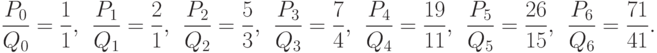 \frac{{P}_{0}}{{Q}_{0}}= \frac{1}{1},~~ \frac{{P}_{1}}{{Q}_{1}}=\frac{2}{1},~~\frac{{P}_{2}}{{Q}_{2}}= \frac{5}{3},~~ \frac{{P}_{3}}{{Q}_{3}}=\frac{7}{4},~~\frac{{P}_{4}}{{Q}_{4}}=\frac{19}{11},~~ \frac{{P}_{5}}{{Q}_{5}}=\frac{26}{15},~~\frac{{P}_{6}}{{Q}_{6}}=\frac{71}{41}.