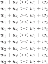 w_1+w_6 >< w_3+w_2\\
w_1+w_6 >< w_4+w_2\\
w_1+w_6 >< w_4+w_3\\
w_1+w_6 >< w_5+w_2\\
w_1+w_6 >< w_5+w_3\\
w_1+w_6 >< w_5+w_4\\
w_2+w_6 >< w_4+w_3\\
w_2+w_6 >< w_5+w_3\\
w_2+w_6 >< w_5+w_4\\
w_3+w_6 >< w_5+w_4
