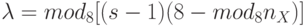 \lambda = mod_{8}[(s-1)(8-mod_{8}n_{X} )]