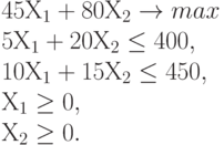 45 Х_1 + 80 Х_2 \to max\\
5 Х_1 + 20 Х_2 \le 400,\\
10 Х_1 + 15 Х_2 \le 450,\\
Х_1 \ge 0,\\
Х_2 \ge 0.