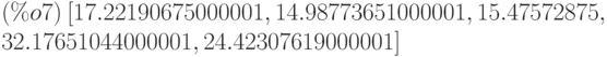 (\%o7)\  [17.22190675000001,14.98773651000001,15.47572875,\\
32.17651044000001,24.42307619000001]