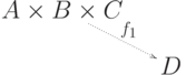 $\xymatrix{
A\times B\times C\ar@{.>}[dr]^-{f_1}\\
&D
}$