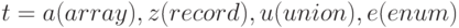 t = a (array), z (record), u (union), e (enum)