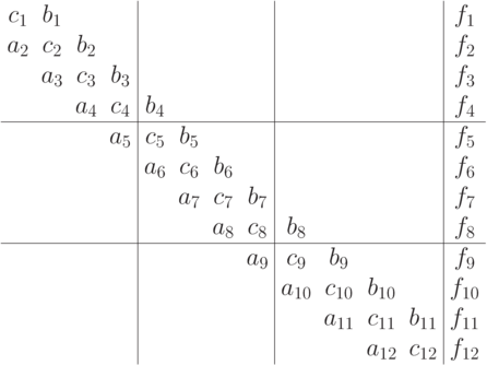 \begin{array}{cccc|cccc|cccc|c}
c_1 & b_1 & & & & & & & & & & & f_1\\
a_2 & c_2 & b_2 & & & & & & & & & & f_2\\
& a_3 & c_3 & b_3 & & & & & & & & & f_3\\
& & a_4 & c_4 & b_4 & & & & & & & & f_4\\
\hline
& & & a_5 & c_5 & b_5 & & & & & & & f_5\\
& & & & a_6 & c_6 & b_6 & & & & & & f_6\\
& & & & & a_7 & c_7 & b_7 & & & & & f_7\\
& & & & & & a_8 & c_8 & b_8 & & & & f_8\\
\hline
& & & & & & & a_9 & c_9 & b_9 & & & f_9\\
& & & & & & & & a_{10} & c_{10} & b_{10} & & f_{10}\\
& & & & & & & & & a_{11} & c_{11} & b_{11} & f_{11}\\
& & & & & & & & & & a_{12} & c_{12} & f_{12}\\
\end{array}