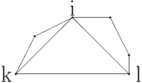 \setlength{\unitlength}{6mm}
\begin{picture}(10,5)
  \put(8,1){\circle*{0.1}}
   \put(8,1){\line(0,1){1}}
  \put(8,2){\circle*{0.1}}
   \put(8,2){\line(-1,2){1}}
  \put(7,4){\circle*{0.1}}
   \put(7,4){\line(-1,0){2}}
  \put(5,4){\circle*{0.1}}
   \put(5,4){\line(-2,-1){2}}
  \put(3,3){\circle*{0.1}}
   \put(3,3){\line(-1,-2){1}}
  \put(2,1){\circle*{0.1}}
%
   \put(2,1){\line(1,0){6}}
%
   \put(1,0.5){\makebox(1,1){k}}
   \put(8,0.5){\makebox(1,1){l}}
%
   \put(4.5,4){\makebox(1,1){i}}
   \put(2,1){\line(1,1){3}}
   \put(8,1){\line(-1,1){3}}
\end{picture}