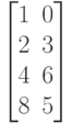 \begin{bmatrix}
 1 & 0 \\
 2 & 3 \\
 4 & 6 \\
 8 & 5
\end{bmatrix}