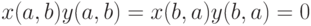 x(a,b)y(a,b)=x(b,a)y(b,a)=0