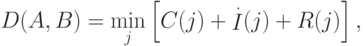 \def\I{\mathop{I}}
D(A,B)=\min_j\left[C(j)+\I\limits^{.}(j)+R(j)\right],