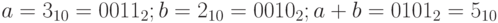 a=3_{10}=0011_2; b=2_{10}=0010_2; a+b=0101_2=5_{10}