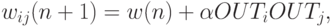 w_{ij}(n+1)=w(n)+\alpha OUT_i OUT_j,