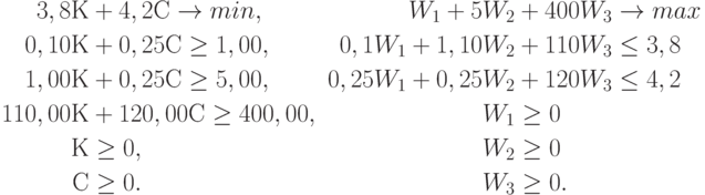 \begin{align*}3,8 К &+ 4,2 С \to min ,&			W_1 + 5 W_2 &+ 400 W_3 \to max \\
0,10 К &+ 0,25 С \ge 1,00 ,	&	0,1 W_1 + 1,10 W_2 &+ 110 W_3 \le 3,8 \\
1,00 К &+ 0,25 С \ge 5,00 ,	&	0,25W_1 + 0,25 W_2 &+ 120 W_3 \le 4,2 \\
 110,00 К &+ 120,00 С \ge 400,00 ,	&		W_1 &\ge 0 \\
К &\ge 0 ,	&				W_2 &\ge 0 \\
С &\ge 0 .	&				W_3 &\ge 0 .\end{align*}
