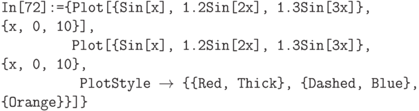 \tt
In[72]:=\{Plot[\{Sin[x], 1.2Sin[2x], 1.3Sin[3x]\}, \{x, 0, 10\}],\\
\phantom{In[72]:=\{}Plot[\{Sin[х], 1.2Sin[2x], 1.3Sin[3x]\}, \{x, 0, 10\},\\
\phantom{In[72]:=\{P}PlotStyle $\to$ \{\{Red, Thick\}, \{Dashed, Blue\}, \{Orange\}\}]\}