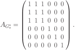 A_{G_*^*}=  \left(
\begin{array}{cccccc}
1 & 1 & 1 & 0& 0& 0\\
1 & 1 & 1 & 0& 0& 0\\
1 &1 & 1 & 0& 0& 0\\
0 & 0 & 0 & 1& 0& 0\\
0 & 0 & 0 & 0& 1& 0\\
0 & 0 & 0 & 0& 0& 1
\end{array}\right).