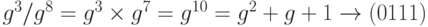 {g^3}/{g^8} = {g^3} \times {g^7} = {g^{10}} = {g^2} + g + 1 \to \left( {0111} \right)