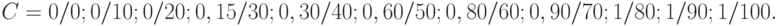 C={0/0; 0/10; 0/20; 0,15/30; 0,30/40; 0,60/50; 0,80/60; 0,90/70; 1/80; 1/90; 1/100}.