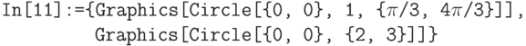 \tt
In[11]:=\{Graphics[Circle[\{0, 0\}, 1, \{$\pi$/3, 4$\pi$/3\}]], \\
\phantom{In[11]:=\{}Graphics[Circle[\{0, 0\}, \{2, 3\}]]\}