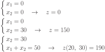 \begin{gathered}
 \left\{ \begin{gathered}
 x_1  = 0 \hfill \\
 x_2  = 0\quad  \to \quad z = 0 \hfill \\
\end{gathered}  \right. \hfill \\
 \left\{ \begin{gathered}
 x_1  = 0 \hfill \\
 x_2  = 30\quad  \to \quad z = 150 \hfill \\
\end{gathered}  \right. \hfill\\
 \left\{ \begin{gathered}
 x_2  = 30 \hfill \\
 x_1  + x_2  = 50\quad  \to \quad z(20,\;30) = 190 \hfill \\
\end{gathered}  \right. \hfill \\
\end{gathered}